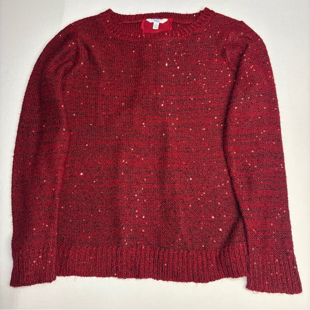Time and Tru Womens XL Sweater Red Black Sequin Lace Up Knit Heathered Holiday